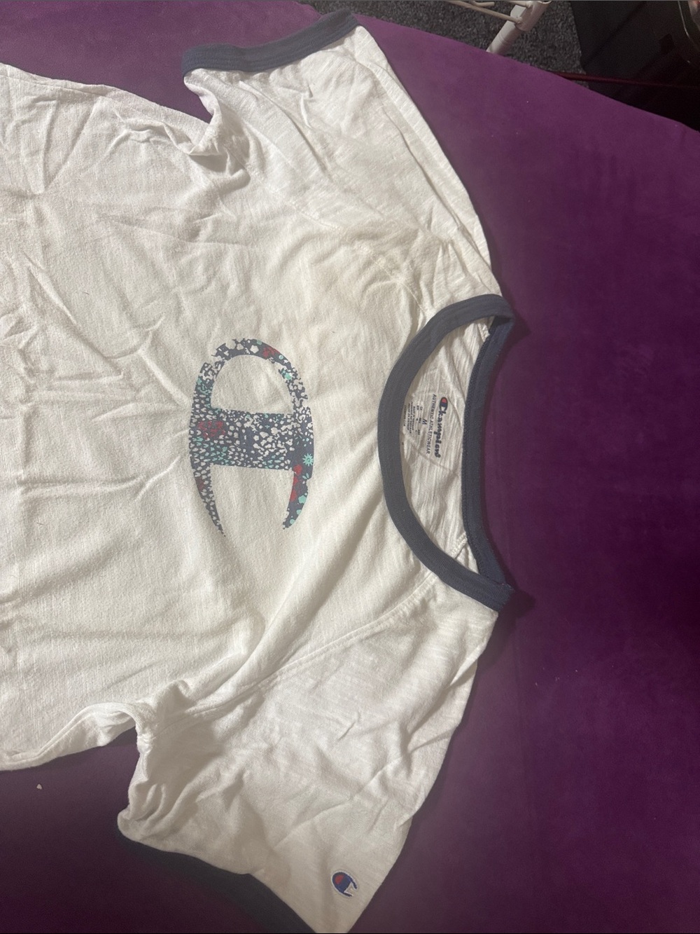 Champion White Tee with Navy Trim and Floral Logo - Picture 4 of 5